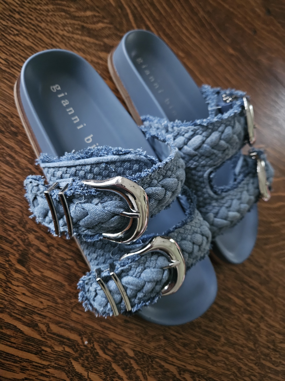 Gianni Bini Denim Braided Double Buckle Slide Sandals Size 7.5